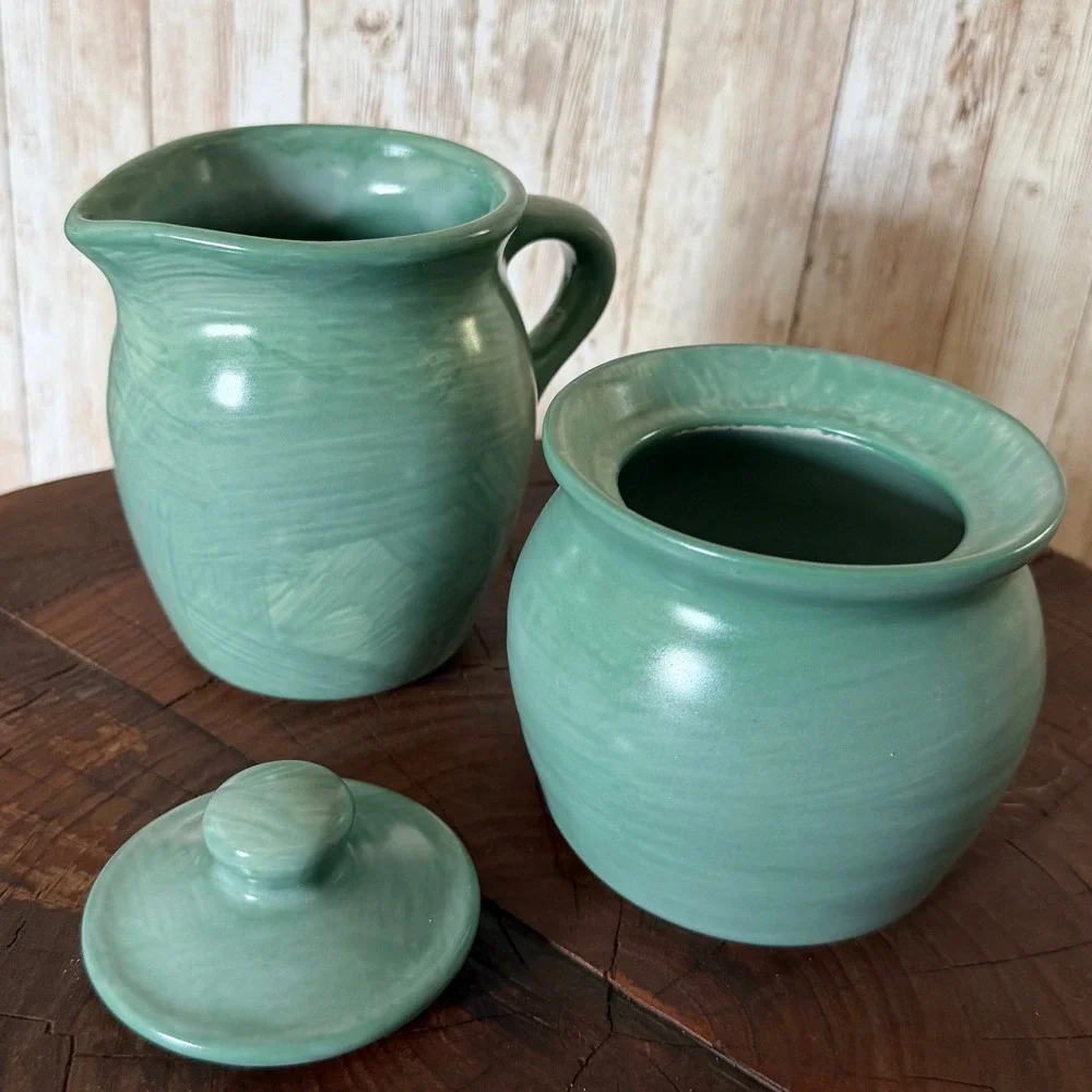 Vintage Pfaltzgraff Sage Green Creamer and Sugar Bowl Set Stoneware 5 Inch